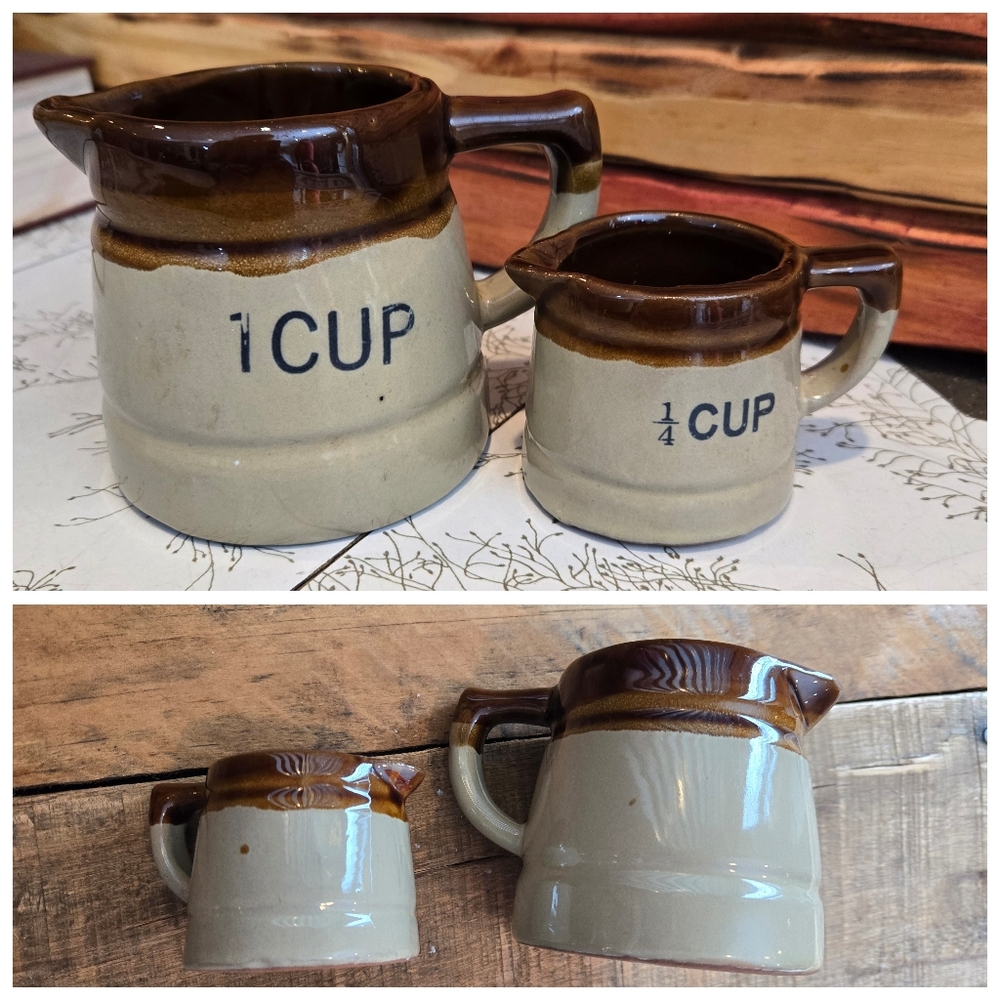 Lot 2 Vtg brown stoneware measuring cup pitchers pottery